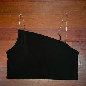 Divided Diamond Tank Rhinestone Asymmetrical Spaghetti Strap Crop Tank sz Large